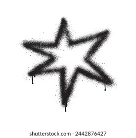 Graffiti spray filtrando estrella aislado sobre fondo blanco. Grafiti grunge pintado estrella, salpicaduras sucias de trazos de arte callejero. Conjunto de ilustración vectorial de líneas negras con textura. 
