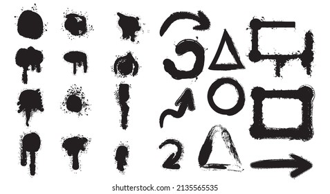 Graffiti spray lines, grunge dots, arrows and frames. Vector grungy dot graffiti, grunge black ink, splash stain and drip illustration.