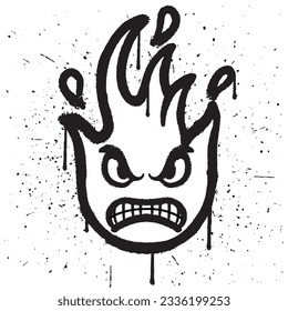 Graffiti spray paint angry face fire character emoticon in vector illustration