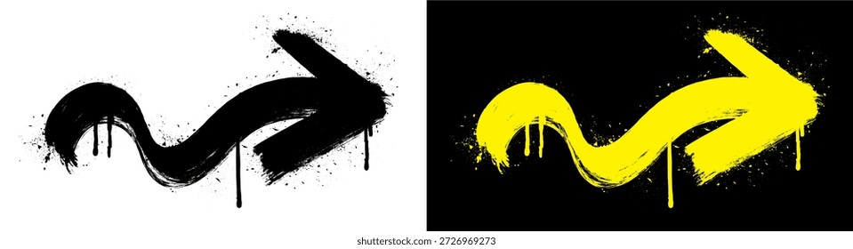 Seta de pintura de spray de grafite apontando para a direita com textura grunge em negrito, overspray, gotas e splatters. Estilo de vetor de arte urbana de rua perfeito para adesivos, tatuagens, projetos de hip hop e gráficos modernos