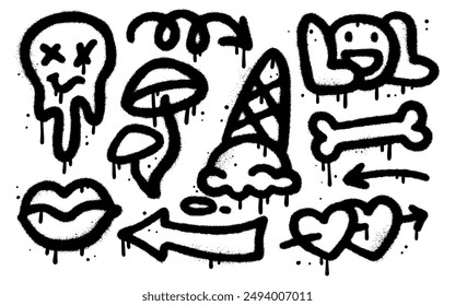 Graffiti spray paint grunge elements set. Collection of street art style icons and rebellious symbols. Melting emoji, ice-cream, lol, lips, mushrooms and hearts, bone. vector illustration.