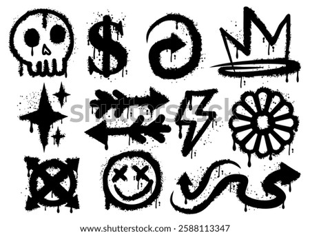 Graffiti spray paint grunge elements set. Street art style icons and rebellious symbols collection. Includes melting emoji, star, arrow, crown, lightning, and more. Vector illustration