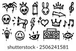 Graffiti spray paint, grunge ink icons. Vector set of black urban and street culture elements. Spider, skull, crown and rabbit head, musical notes, lightning bolt and heart. Eye, megaph, light bulb