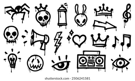 Graffiti spray paint, grunge ink icons. Vector set of black urban and street culture elements. Spider, skull, crown and rabbit head, musical notes, lightning bolt and heart. Eye, megaph, light bulb