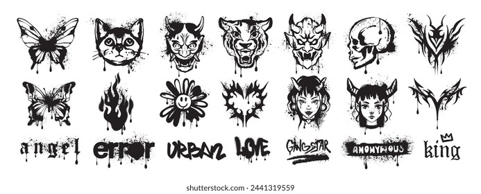 Graffiti spray paint icon set, vector urban street art, animal head, butterfly, flame, heart, girl. Gothic y2k liquid effect print, hand drawn grunge illustration, tattoo silhouette. Graffiti print