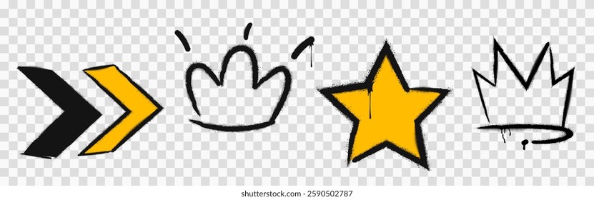 Graffiti spray paint icons set isolated on transparent background. Vector realistic illustration of street art sketches, hand drawn black and yellow arrows, crown and star with splatters and drips