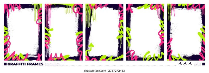 Graffiti spray paint photo frame set with squiggles and colorful brush strokes. Overlay templates with aerosol texture, drips and paint splatters. Hand drawn vector grunge graffiti frames and borders.