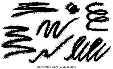 Graffiti spray paint splatters, squiggly lines with drips, strokes and underlines. Street art doodle scribble. Aerosol brush effect splash drip and splatter texture. Vector spray paint set