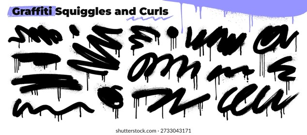 Graffiti-Spray Farbe quietschenden Linien mit Tropfen und Farbe Spritzer. Lockige Striche mit Schleifen, fett gezeichnete Unterstreichungen und Flecken. Aerosol-Effekt grunge Clipart. Handgezeichnete Street Art Elemente.