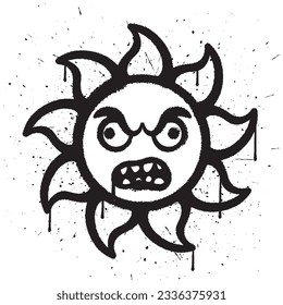 Graffiti spray paint zombie face sun character isolated vector illustration