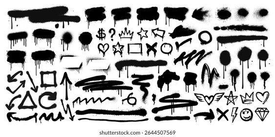 Graffiti spray pattern, line, frame, arrow, heart, crown, splash, stain, banner and grunge ornament icon. Abstract paint brush stroke, watercolor texture and graffiti stencil symbol for social media.