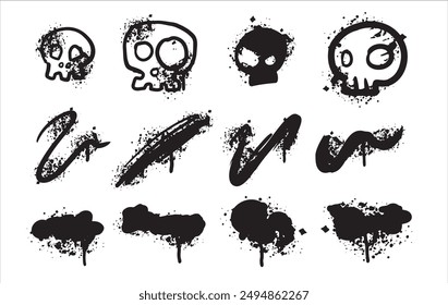 Graffiti spray print. Ink paint spot. Brush stain drop art. Abstract texture grungy element. Set of urban black splatter