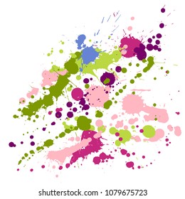 Graffiti spray stains grunge background vector. Retro ink splatter, spray blots, dirt spot elements, wall graffiti. Watercolor paint splashes pattern, smear liquid splats stains background.