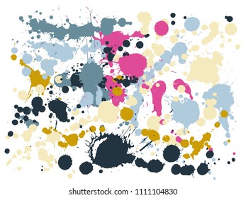 Graffiti spray stains grunge background vector. Artistic ink splatter, spray blots, dirty spot elements, wall graffiti. Watercolor paint splashes pattern, smear liquid stains splatter background.