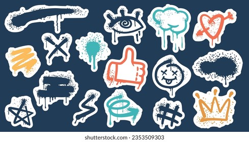 Graffiti Spray Stickers Set. Eye, Strokes, Thumb Up and Heart. Crown, Star and Smiling Face. Hashtag and Cross, Flash