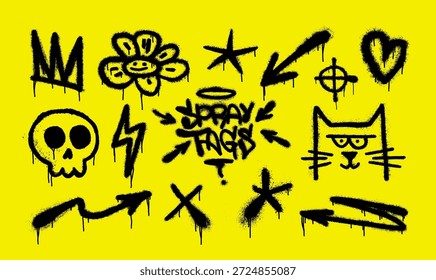 Graffiti Spray Tag Doodle Set sobre fondo amarillo brillante. Garabatos y etiquetas de spray de graffiti ácido con pintura goteante y salpicaduras. Incluye corona, cráneo, gato, flechas, corazón, estrellas, símbolos. Conjunto de Vectores