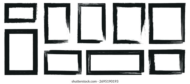 Elemento de pintura en spray de graffiti.  Conjunto de borde de tierra. Ilustración vectorial de decoración de borde Grunge. . Borde rectangular de efecto de borde áspero antiguo para superposición de imágenes.  Textura de superposición afligida. 