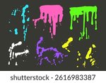 Graffiti spraypaint splatters set. Grunge colorful splashes and drips. Paint spots and blob shapes. Collage neon bold colors element. Dirty liquid silhouette. Vector hand drawn illustration.