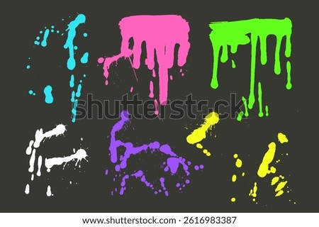 Graffiti spraypaint splatters set. Grunge colorful splashes and drips. Paint spots and blob shapes. Collage neon bold colors element. Dirty liquid silhouette. Vector hand drawn illustration.