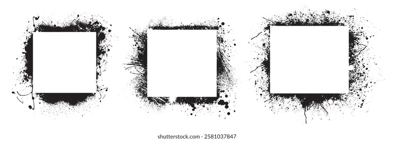 Graffiti square frame set, vector spraypaint rectangle border, grunge messy texture, liquid drop. Urban art background empty space, spray stain background blob. Graffiti frame antique design element