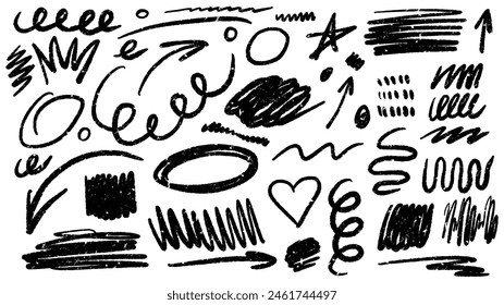 Graffiti squiggle doodle. Charcoal graffiti abstact shapes and curves collection. Hand drawn scribbles, creative various shapes. All elements isolated.