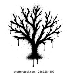 Graffiti-Schablone aus nacktem Baum mit tropfender schwarzer Sprühfarbe auf weißem Hintergrund.