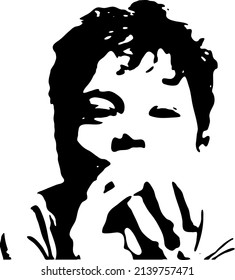 Graffiti stencil face. Little boy holds a fruit in his hands. Vector art