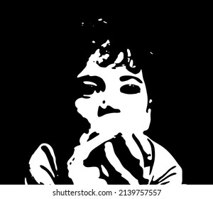 Graffiti stencil face. Little boy holds a fruit in his hands. Vector art