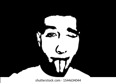 Graffiti stencil face. Young man shows tongue graffiti stencil face. Stencil art.
