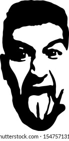 Graffiti stencil face. Young man shows tongue graffiti stencil face. Stencil art.