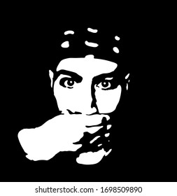 Graffiti stencil face. Young man covers his mouth with his hand stencil face. Vector art.