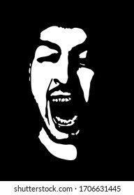 Cara de esténcil de graffiti. Un joven se enfrenta a un esténcil gritando sobre un fondo negro. Arte vectorial.