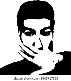 Graffiti stencil face. Young man covering his face with his hand. Vector art.