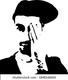 Graffiti stencil face. Young man in a baseball cap covers half of his face with his hand . Vector art.