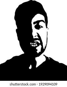 Graffiti stencil face. Young man who grits his teeth graffiti stencil face. Vector art.