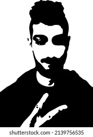 Graffiti stencil face. Young man graffiti stencil face shows victory sign with fingers. Vector art.