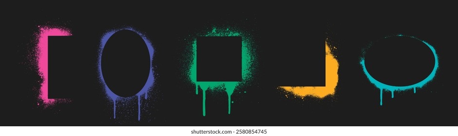 Graffiti stencil frames with neon spray effect - geometric shapes of rectangle, square and circle borders in vibrant colors with drips and scattered particles on dark background. Street art elements.