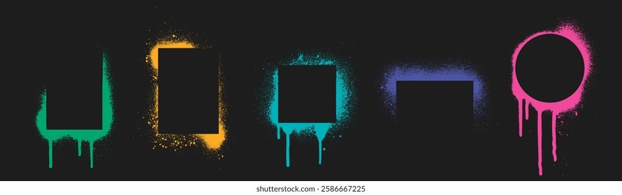 Graffiti stencil frames with neon spray effect - geometric shapes of rectangle, square and circle borders in vibrant colors with drips and scattered particles on dark background. Street art elements.