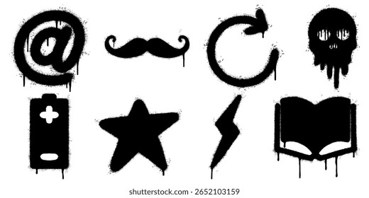 Ícone de Estêncil de Grafite Definido no Estilo de Pintura de Spray de Preto no Plano de Fundo Branco. Incluindo símbolos em, bigode, recarregamento, setas, crânios, baterias, estrelas, relâmpagos e livros abertos.