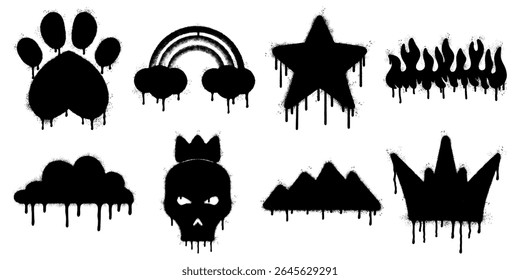 Graffiti Stencil Icons Collection. Dripping Black Spray Paint Silhouettes. Each icon, including paw print, rainbow, star, flame, cloud, skull with crown, mountain, and spiked crown.