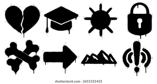 Graffiti Stencil Icons Collection. set features eight bold symbols, including a broken heart, graduation cap, sun, padlock, crossed bones, arrow, mountains, and an exclamation mark with signal waves.