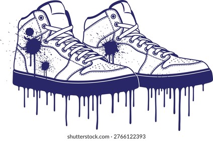 Graffiti Stencil Sneakers Vector, Urban Street Art High-top Shoes with Ink Drips and Spray Paint Splatter Effects