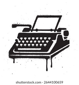 Graffiti Stencil of Vintage Typewriter with Black Paint Drips. Black and White Street Art Style.	