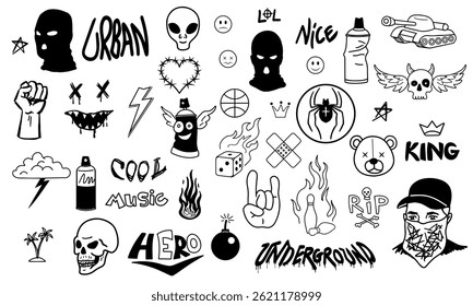 Conjunto de adesivos de grafite. Ícones de arte de rua preto e branco com tatuagem de estilo grunge escuro. Rótulos com balaclava, letras e tinta spray. Ilustração de vetor desenhada à mão isolada no plano de fundo