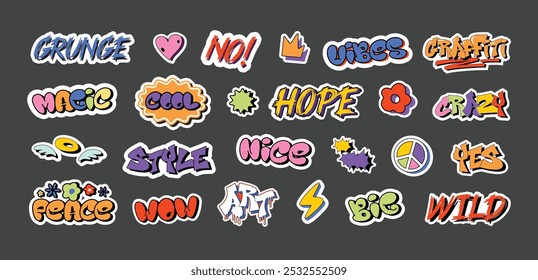 Graffiti stickers. Urban style decals, yes and no, grunge vibes, hope and peace, big, wild and magic, wow, nice and cool word sticker vector illustration set.