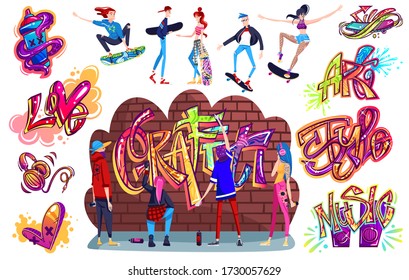 Graffiti Street Art Culture, Young People Cartoon Characters Paint On Brick Wall, Vector Illustration. Teenagers Skating, Boys And Girls Urban Lifestyle. Isolated Graffiti Lettering, Set Of Stickers