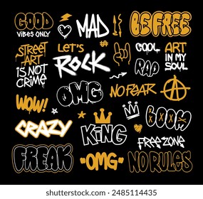 Graffiti Street Art grunge elements, quotes and words fop print design. Street Art urban typography and Graffiti lettering. Graffiti words and tags for pattern design. Editable vector