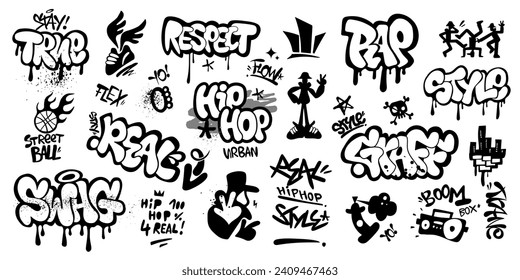 graffiti street art hip hop style isolated vector sign and symbols , hand drawn lettering set