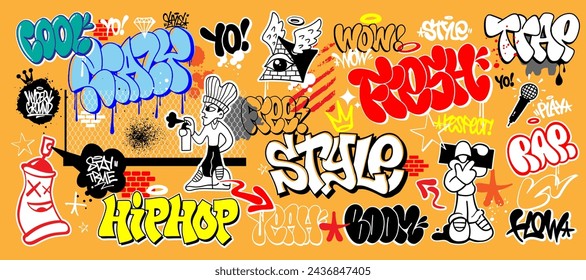 
Graffiti street art lettering  words  and characters illustrations set , sign and symbol isolated vector design element