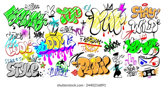 Graffiti street art lettering  words  and characters vector set, hip hop style design element 